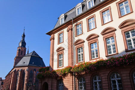 巴登德国海德堡市市政厅和圣灵教堂;德国海德堡背景