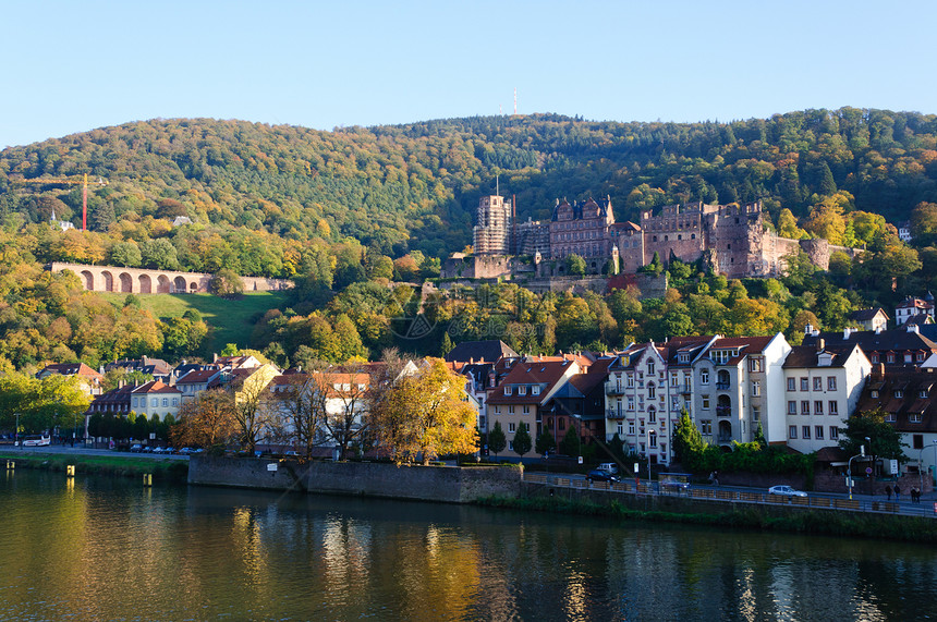 德国海德尔堡城堡历史观光风景房子游客晴天城市蓝天古迹风格图片