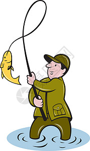 渔捞鱼的钓鱼鳍鱼缫丝艺术品飞鱼插图卷轴卡通片男性男人背景图片
