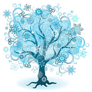 冬树卷曲插图季节雪花叶子剪影紫色生态马赛克白色背景图片