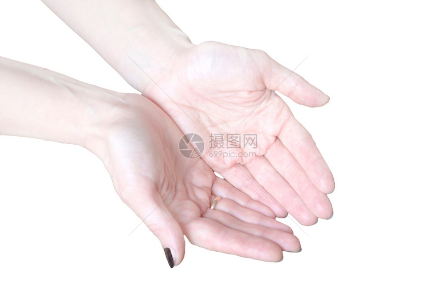 空空无一物的女人的手在白色上被孤立棕榈手腕手指拇指女士手臂贫困女孩帮助女性图片