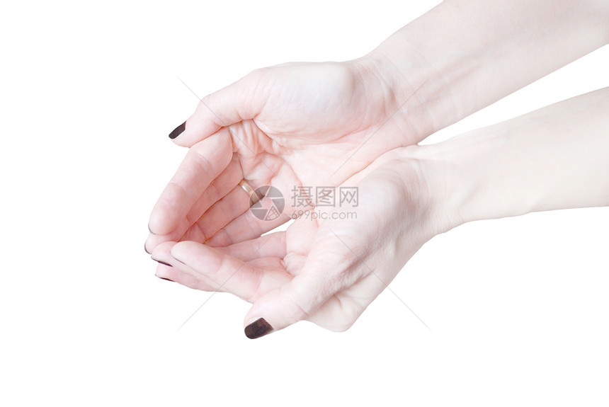 空空无一物的女人的手在白色上被孤立手指女孩女性女士帮助贫困手臂棕榈拇指手腕图片