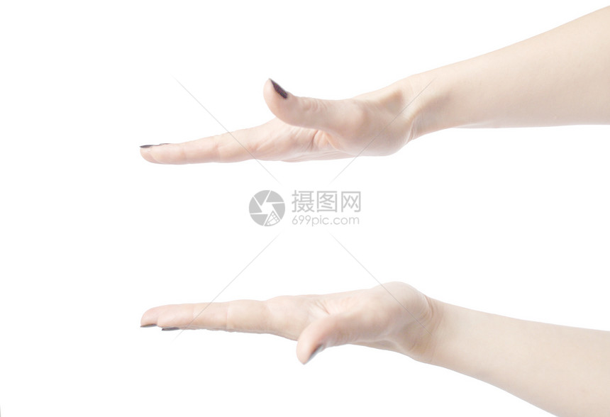 空空无一物的女人的手在白色上被孤立杯状女士手臂手指女性女孩手腕棕榈拇指施舍图片