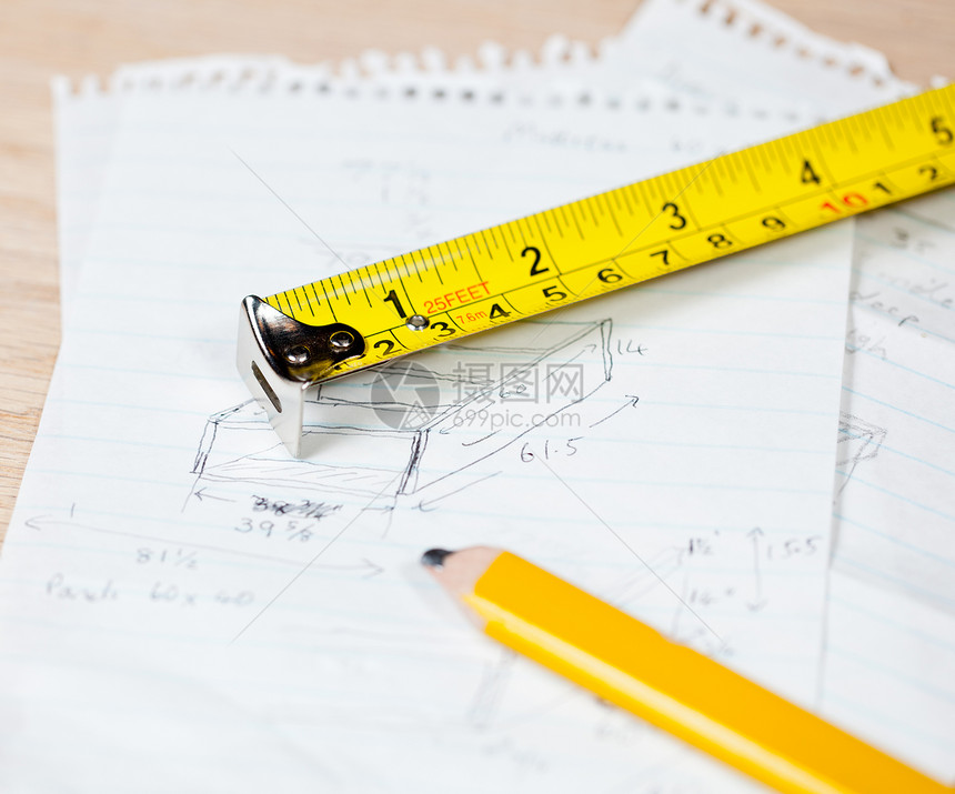 木笔铅笔和计划规则黄色木材木工统治者木头工具项目测量工作磁带图片