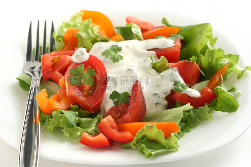蔬菜沙拉盘子饮食红色小吃奶油绿色香菜午餐胡椒食物图片