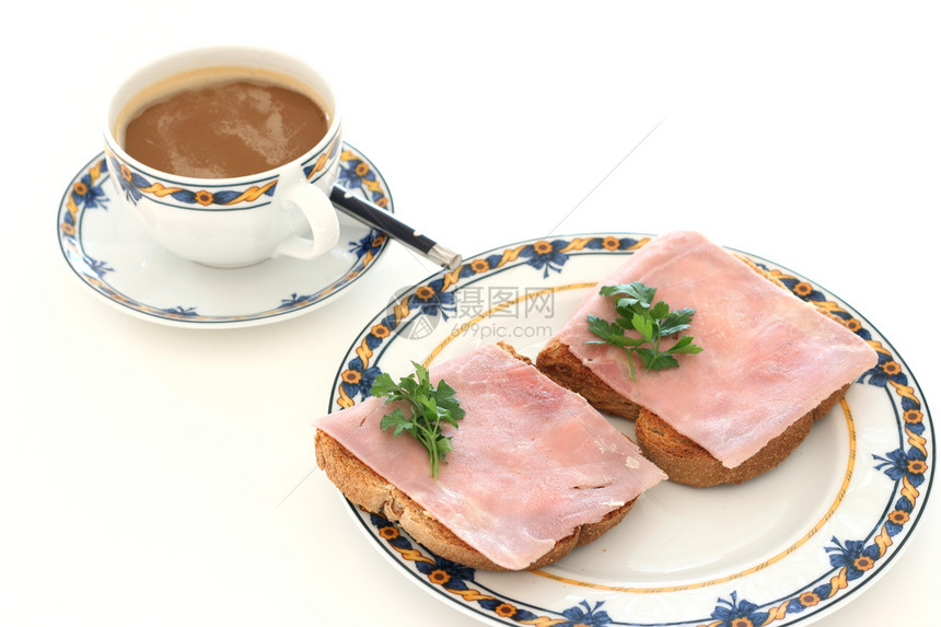 含火腿和咖啡杯的吐司食物饮食点心绿色野餐盘子灰色早餐图片