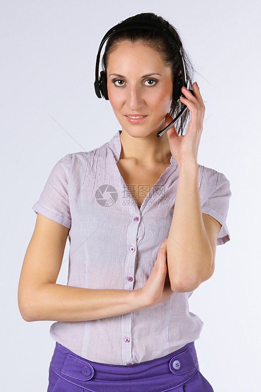 支助服务的经营人麦克风热线互联网女性电话微笑快乐幸福耳机助手图片