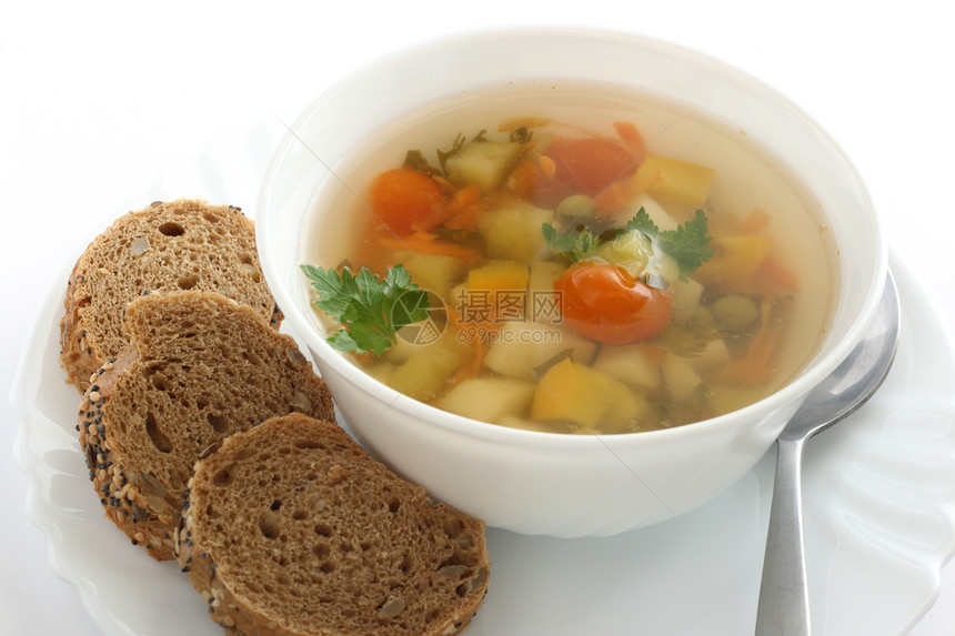 带面包的蔬菜汤盘子胡椒香菜饮食白色食物黄色午餐土豆图片