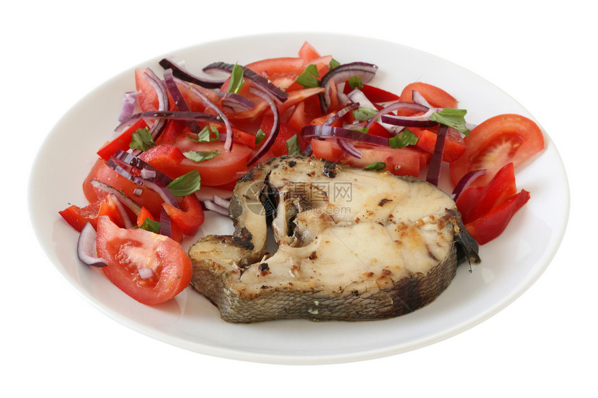 带沙拉的炸鱼午餐盘子鱼片蔬菜饮食海鲜食物图片