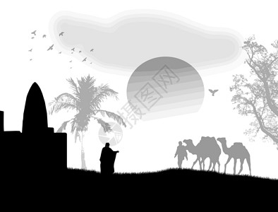摩洛哥沙漠阿拉伯黑白日落插画