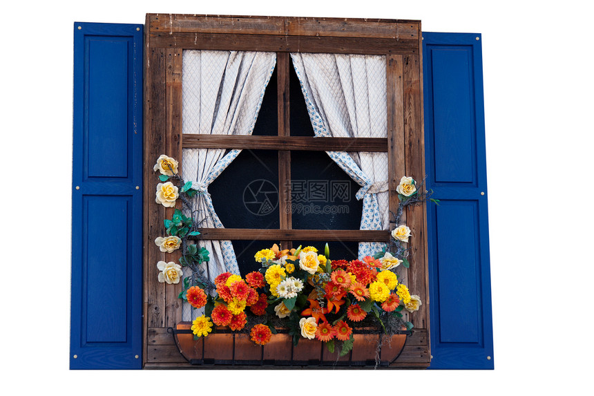 带有花花的国别风格窗口植物正方形文化房子快门窗帘蓝色旅游框架传统图片