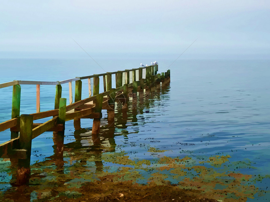 木架脚桥数字艺术的美丽海景木头行人支撑地平线天空孤独海洋娱乐海岸小路图片
