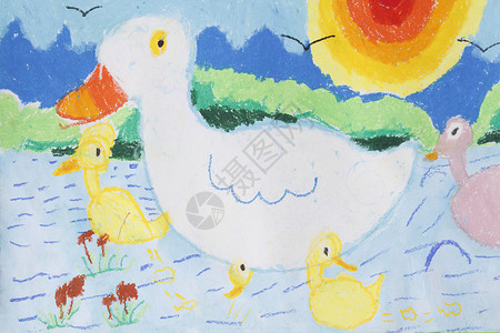 鸭子家庭儿童绘画画像母亲羽毛小鸭子孩子彩植物背景图片