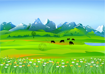 阿尔姆高山草地农业家畜牧场乡村旅行环境奶牛场地山脉爬坡插画
