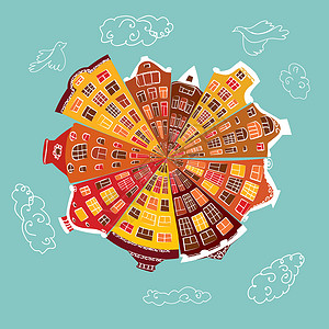 童话城市天空房屋棕色建筑学全景红色街道背景图片