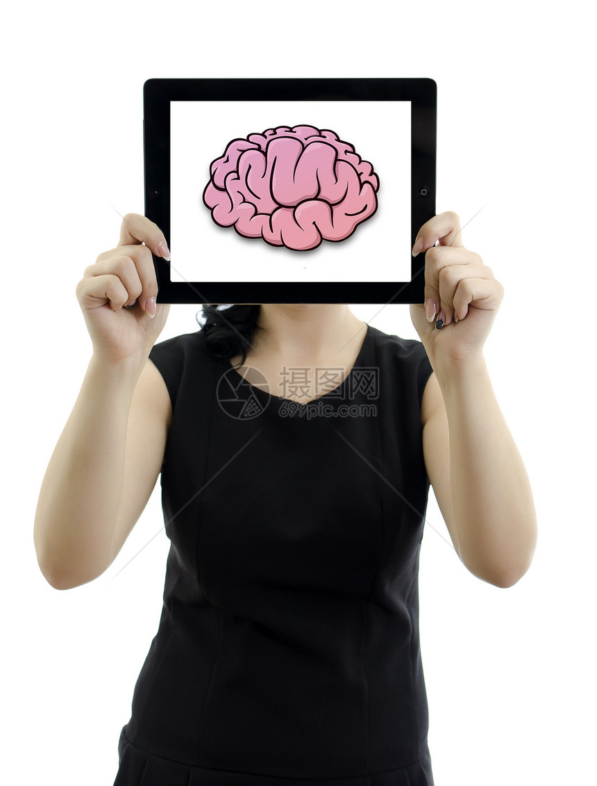 女性持有平板电脑脑部概念 孤立在白色上思维药片女孩技术医疗笔记本药品解剖学女士扫描图片