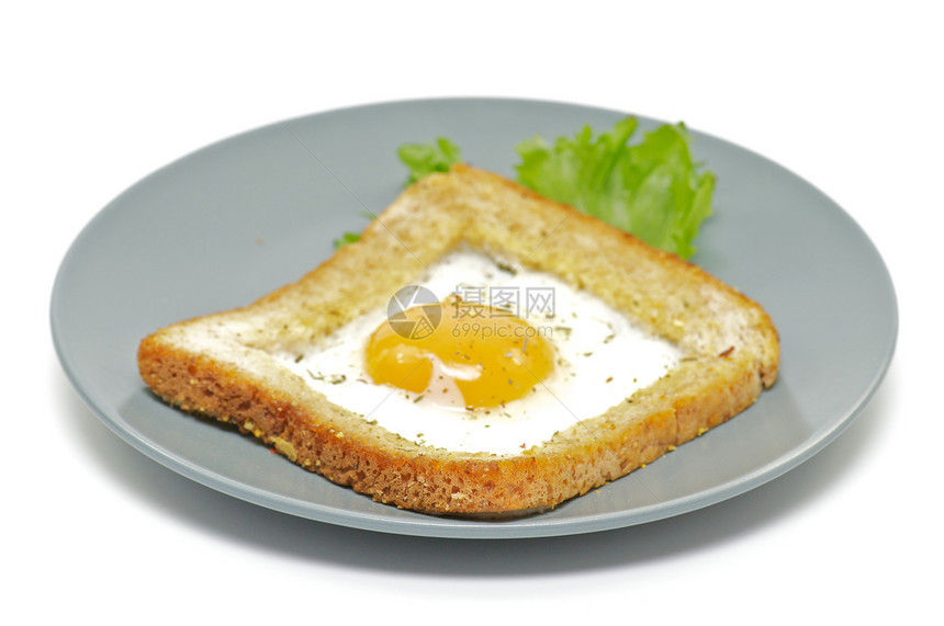 法文煎鸡蛋黄色法语棕色蛋黄小吃早餐面包盘子白色灰色图片