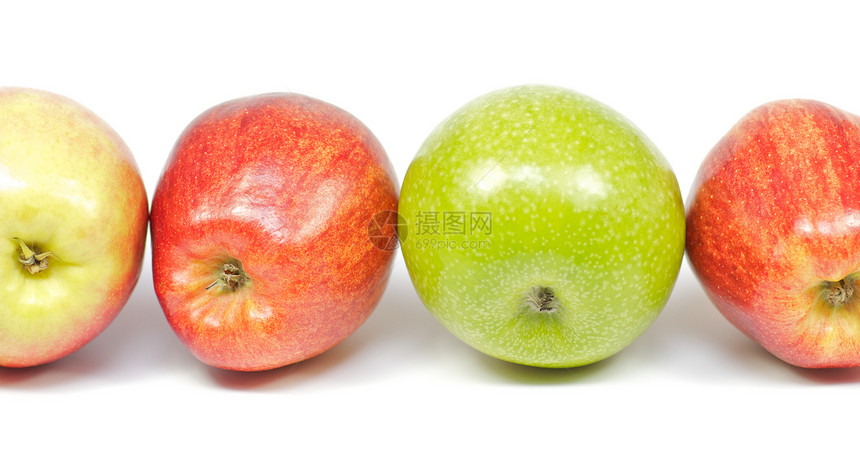 白底的4个美味苹果食品聚焦水果红色白色健康饮食绿色前景水平蔬菜图片