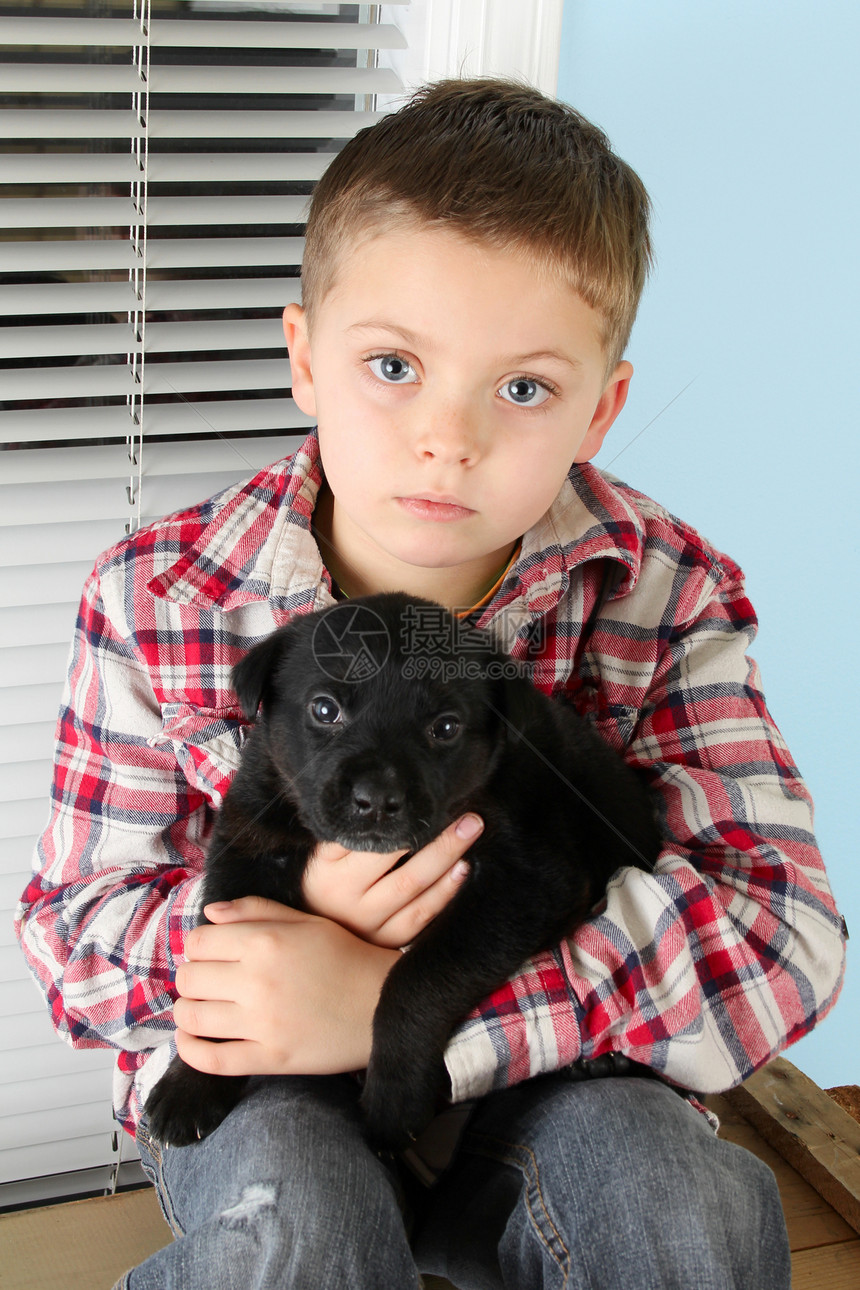 男孩和小狗朋友蓝色宠物男生哺乳动物伴侣百叶窗男性格子衬衫图片