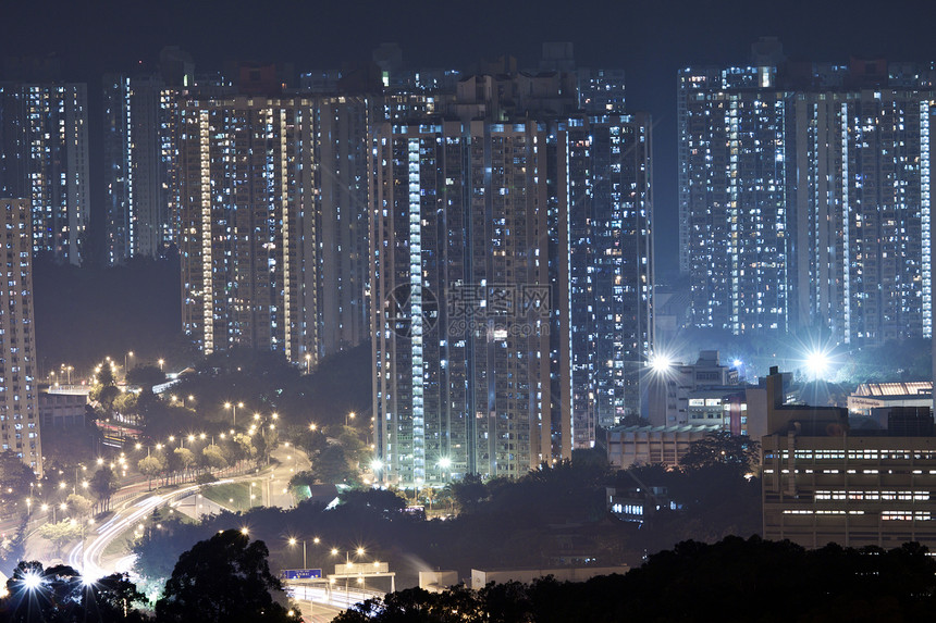 晚上在香港的公寓街区海岸金融金属地标商业城市天空连接器旅游建筑图片