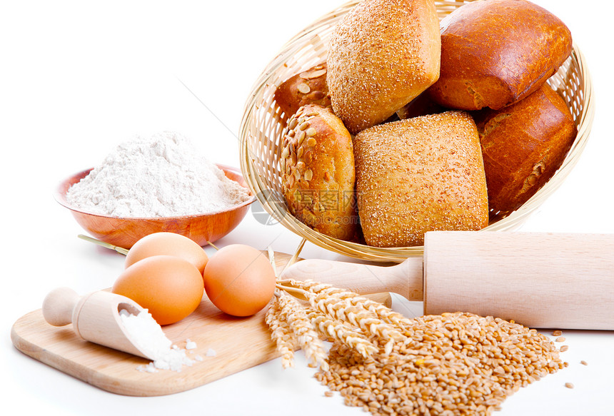 用于自制面包的成分烹饪酵母食物小麦杂货种子早餐粮食面粉木板图片