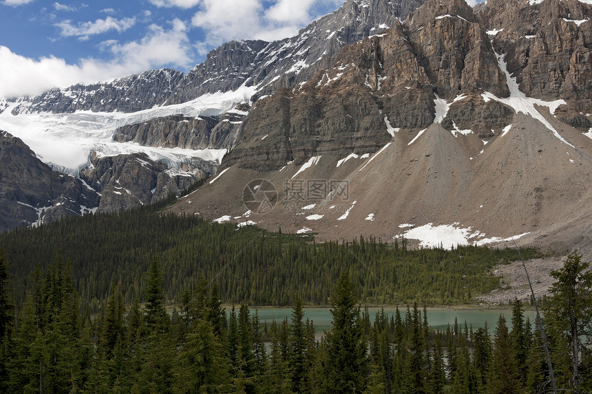 加拿大洛基山脉的冰川 带湖和森林圆丘图片