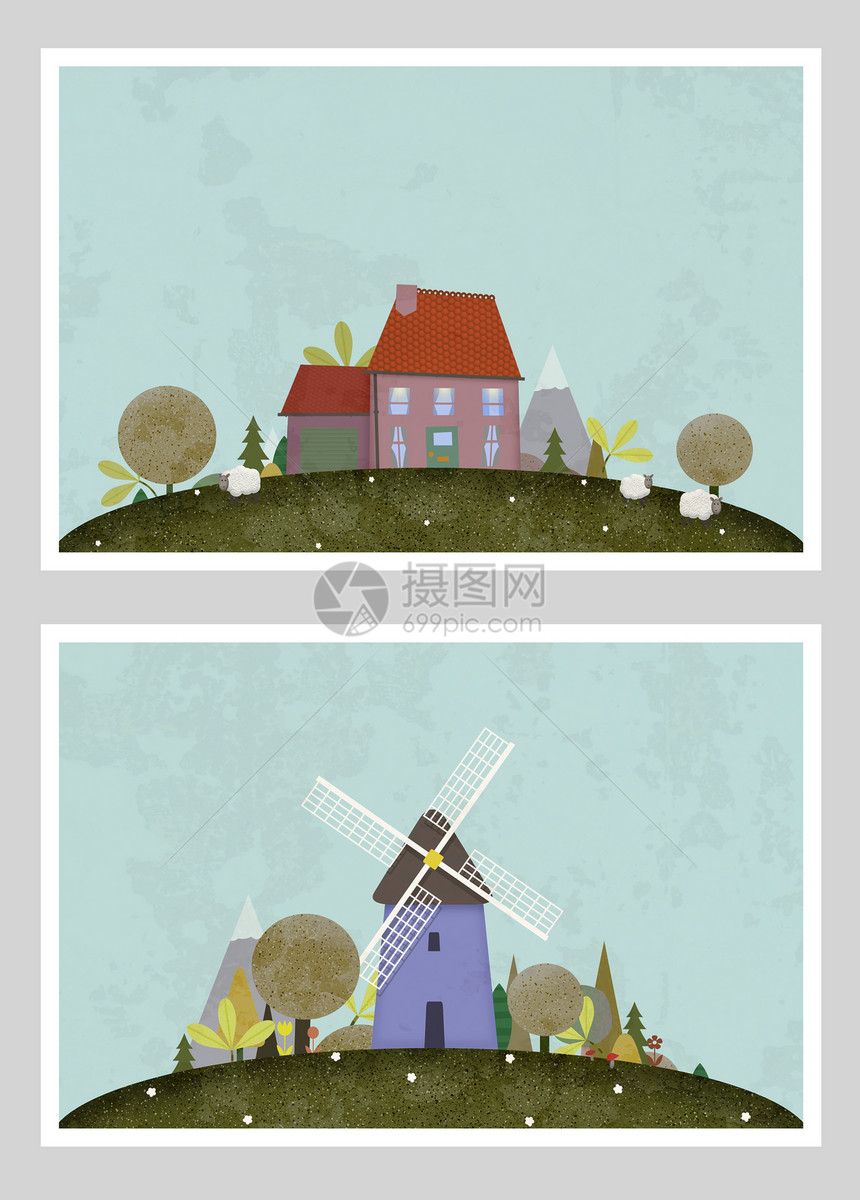 国别场景建筑学植物爬坡树木农场建筑房子风车插图卡通片图片