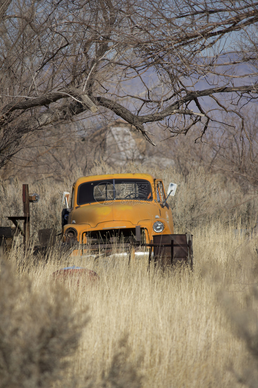旧遗弃的橙色卡车风景草原陆地太阳田园天空艺术恢复风光热情图片