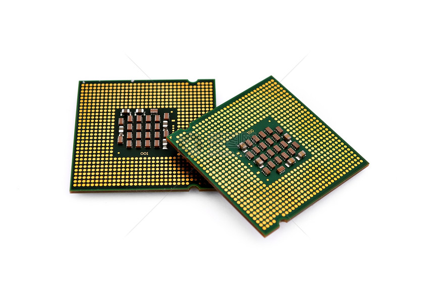 2个 CPU金子木板正方形智力技术绿色芯片宏观电脑处理器图片