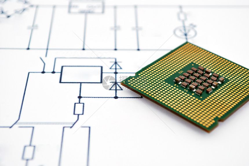 电线图和 CPU智力半导体绿色电子产品正方形理器通讯处理器木板电脑图片