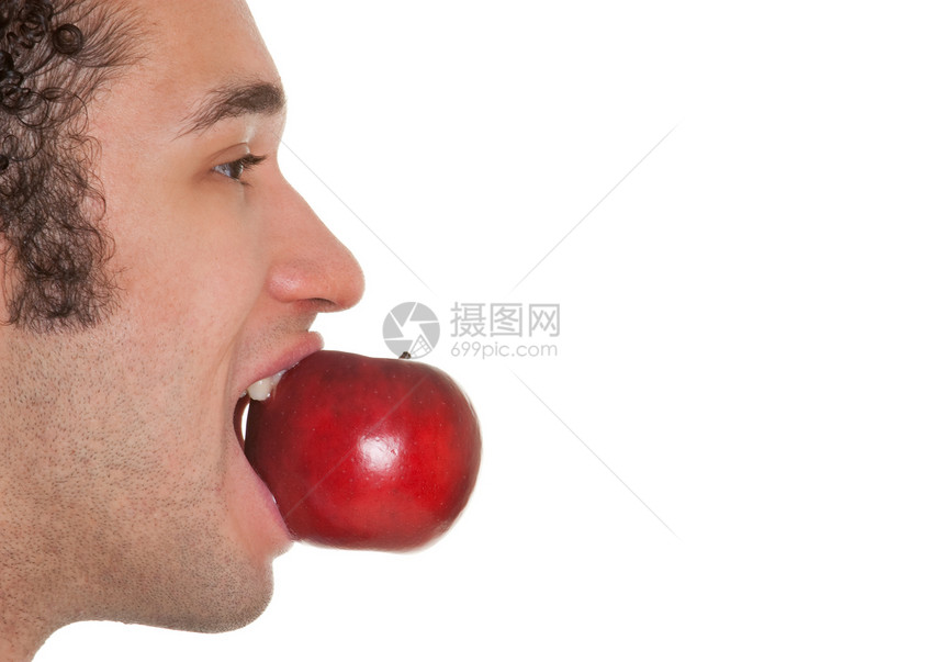 男人吃苹果青年黑色红色水果饮食午餐食物青少年男生白色图片