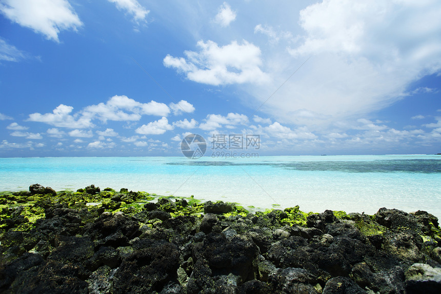 海 海天空太阳浮潜天堂蓝色地平线娱乐异国石头珊瑚图片
