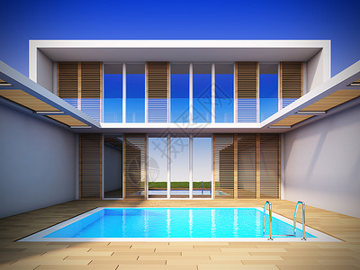 现代住房以最简陋的风格财产别墅蓝色立方体房子奢华露台建筑天空水池背景图片