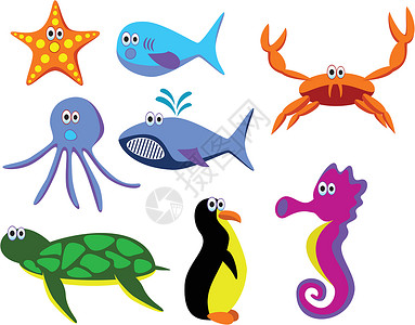 水族馆企鹅矢量海洋动物星星海洋宠物螃蟹荒野明信片绘画幸福草图卡通片插画