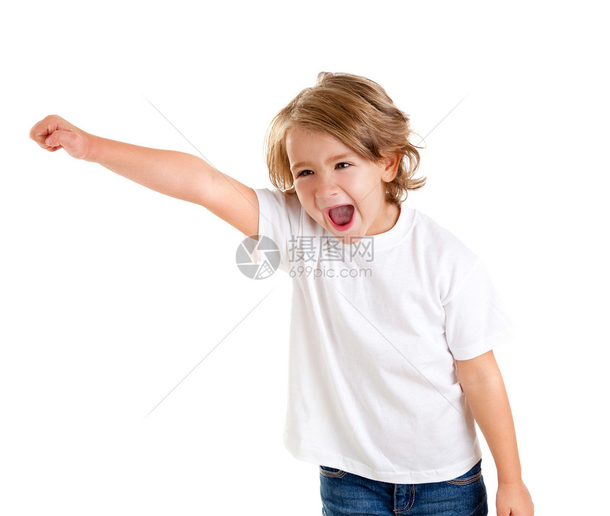 孩子们孩子尖叫 用快乐的表情表达 手举起手来幸福情感工作室女孩男生男性冒充手势金发优胜者图片