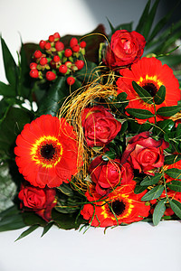 色彩多彩的Gerbera花朵装饰混合物花艺礼物园艺玫瑰正方形庆典橙红色铭文花束背景图片
