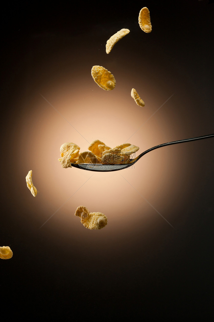 玉米薄片玉米片工作室盘子谷物勺子食物黄色饮食粮食宏观图片