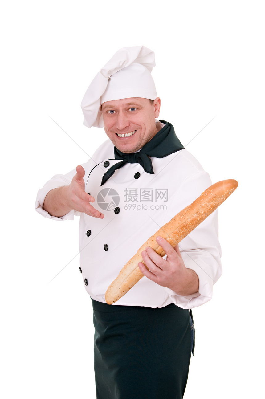 带有粗面包的 if工作成人男人微笑围巾男性食物职业帽子外套图片