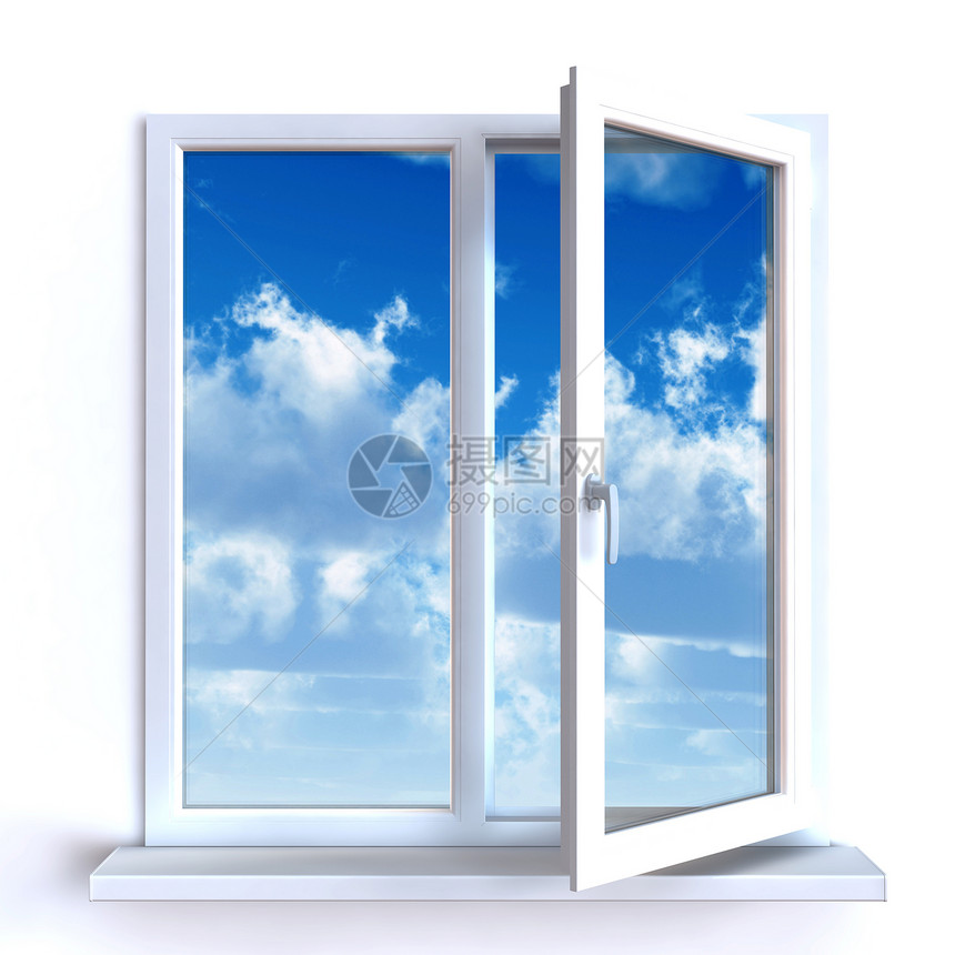 窗口对着白墙 阴云的天空和太阳打开财产房子蓝色框架自由建筑学场景住宅住房建筑图片