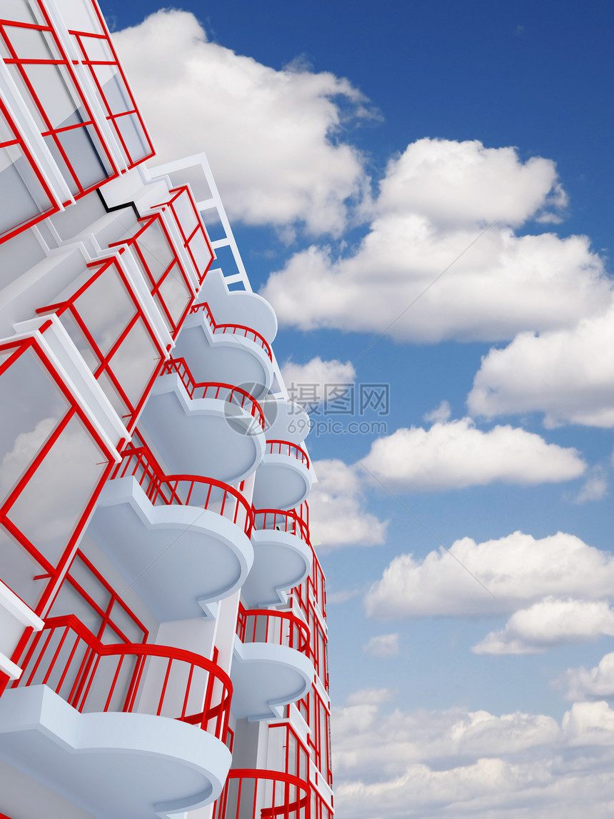 以背景天空和云层为背景的现代高住宅楼图片