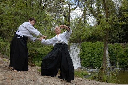 Aikido 师资培训成人瞳孔女士说明运动武士专注格斗瀑布男人背景图片