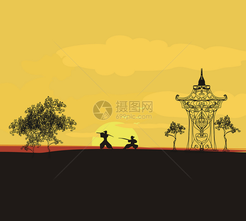亚洲风景中的Samurai 光影身影插图天空文化建筑宝塔武士花瓣日落太阳樱花图片