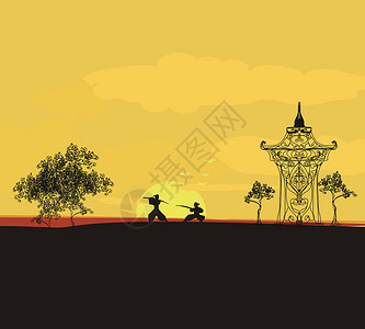 忍者插图亚洲风景中的Samurai 光影身影插图天空文化建筑宝塔武士花瓣日落太阳樱花背景