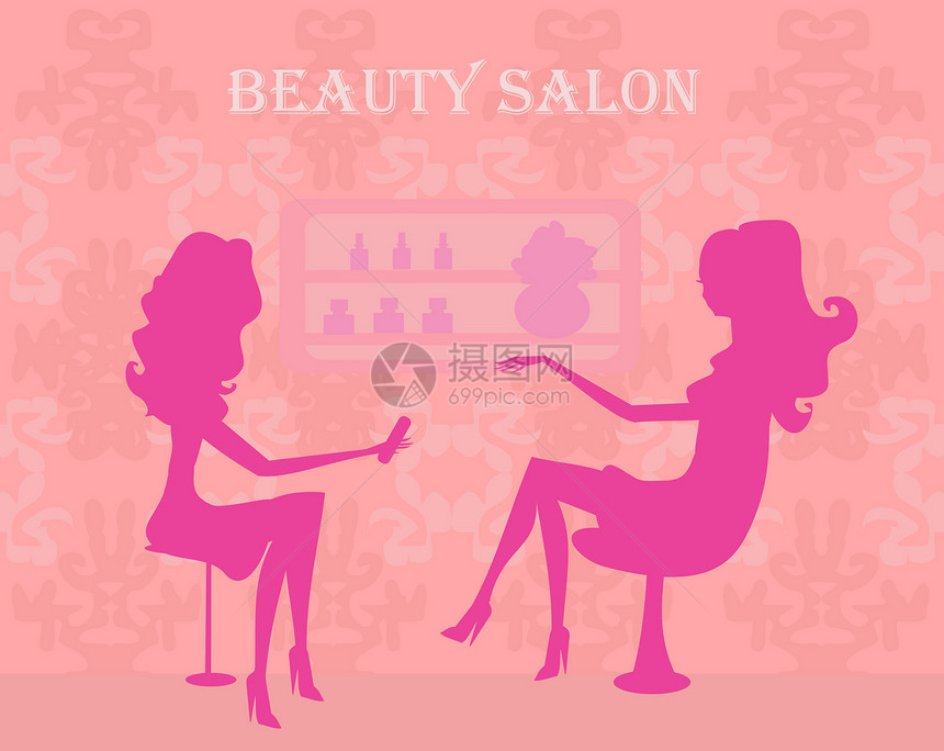 在美容院修指甲的年轻女士衣服沙龙房间女孩们美甲团体化妆品卡通片时髦度插图图片