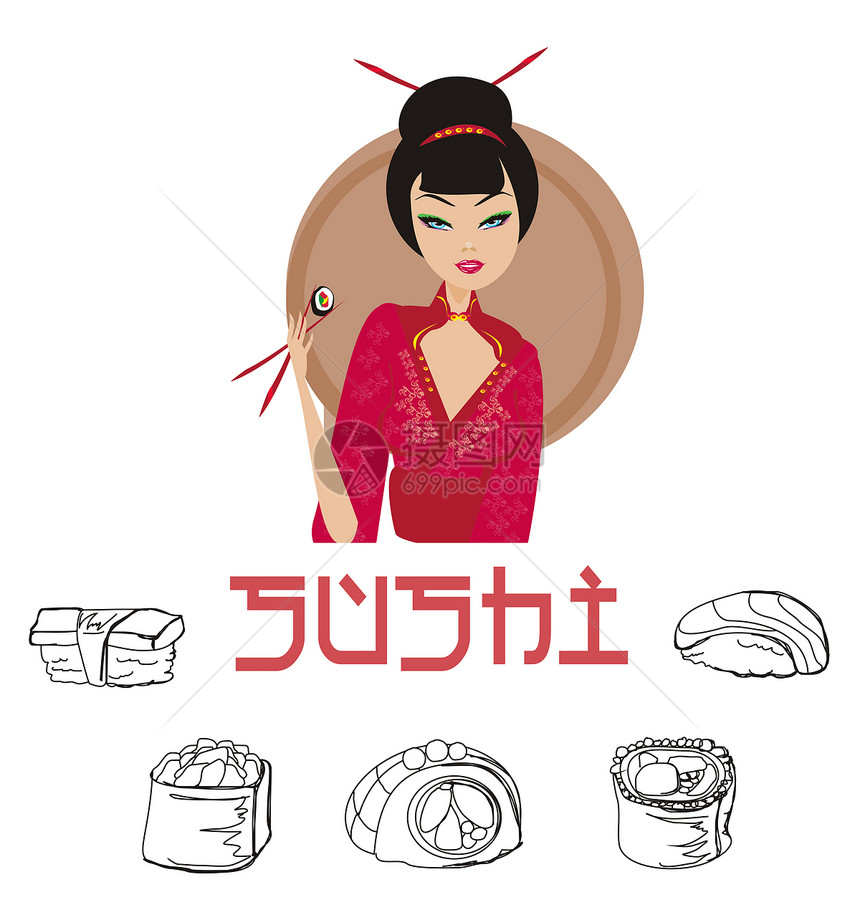 寿司包女孩花朵食物饮食杂草插图筷子黄瓜樱花美食图片