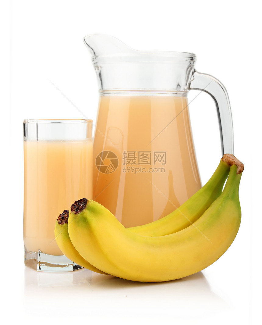 香蕉果汁和水果全玻璃杯和罐子 与世隔绝食物白色果汁投手玻璃水壶液体器皿金子绿色图片