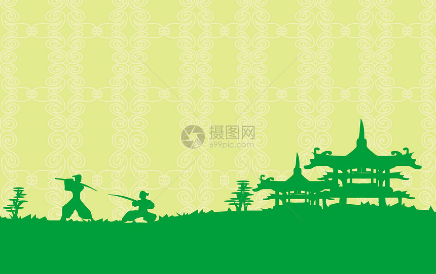 亚洲风景中的Samurai 光影身影太阳樱花插图寺庙忍者花朵建筑日落文化宝塔图片