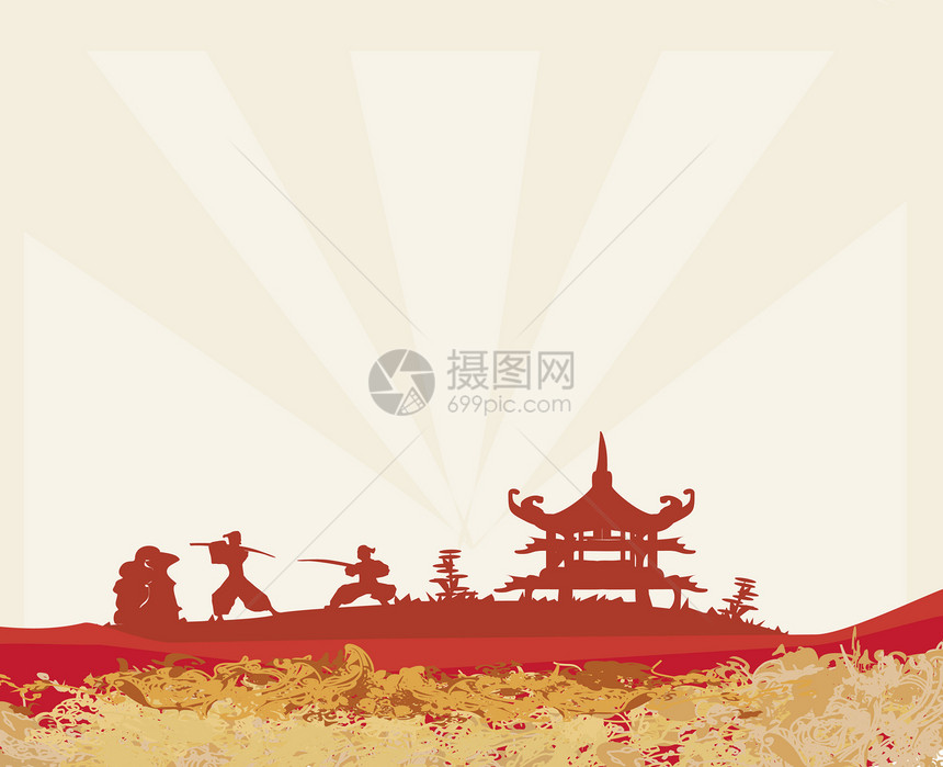 亚洲风景中的Samurai 光影身影忍者文化插图日落寺庙太阳植物樱花宝塔武士图片