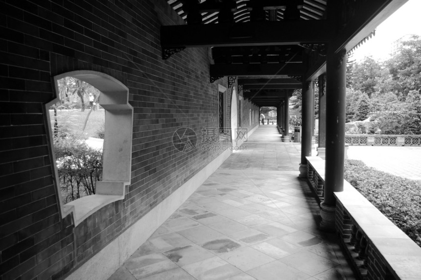 黑白两色中国门绘画石头公园小路寺庙地面房子旅游走廊艺术图片