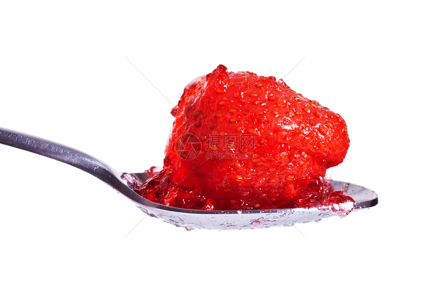 勺子上草莓果冻用具红色白色灰色浆果水果食物照片食品图片